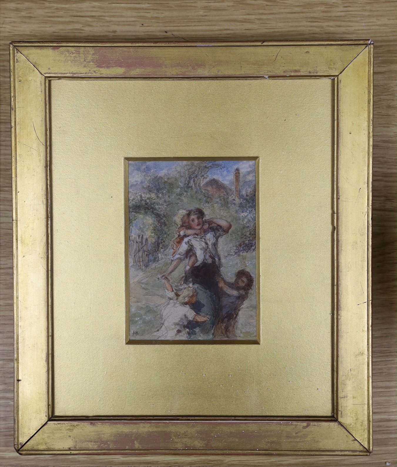 AB c.1900, watercolour, Children playing in a garden, initialled, 12 x 8.5cm